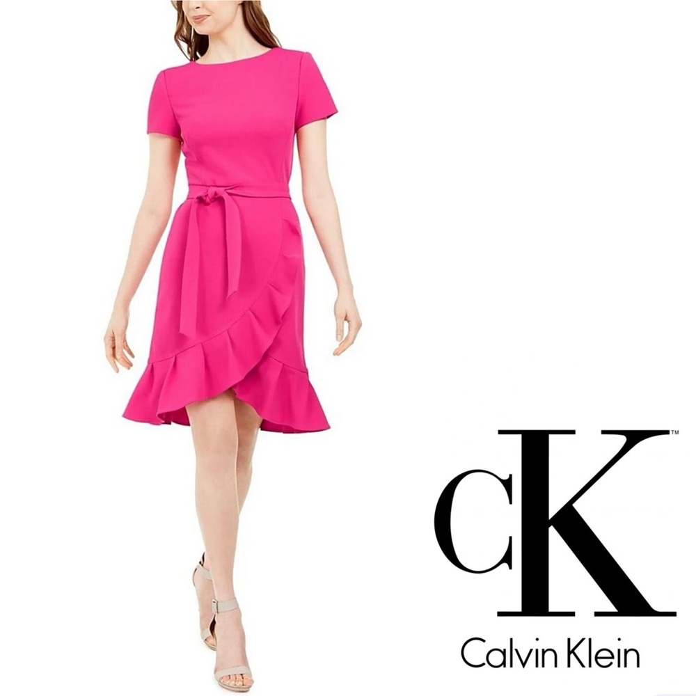 Calvin Klein Women's Short Sleeve Ruffle Hem Scuba Crepe Dress Size 4 Raspberry